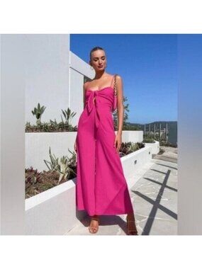 Commense Pink Wide Leg Jumpsuit Feminine Cut Out Front Tie Bohemian Party